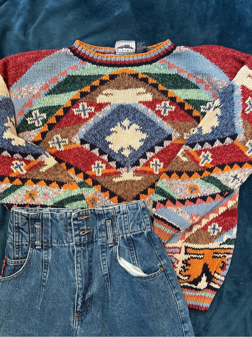 Vintage Best American Southwestern Bear Ramie Cotton Knit Sweater Large